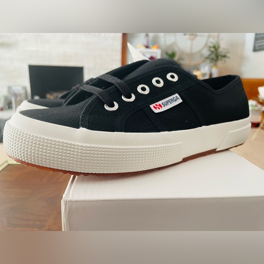 Superga Black Canvas Platform Sneakers with White Sole